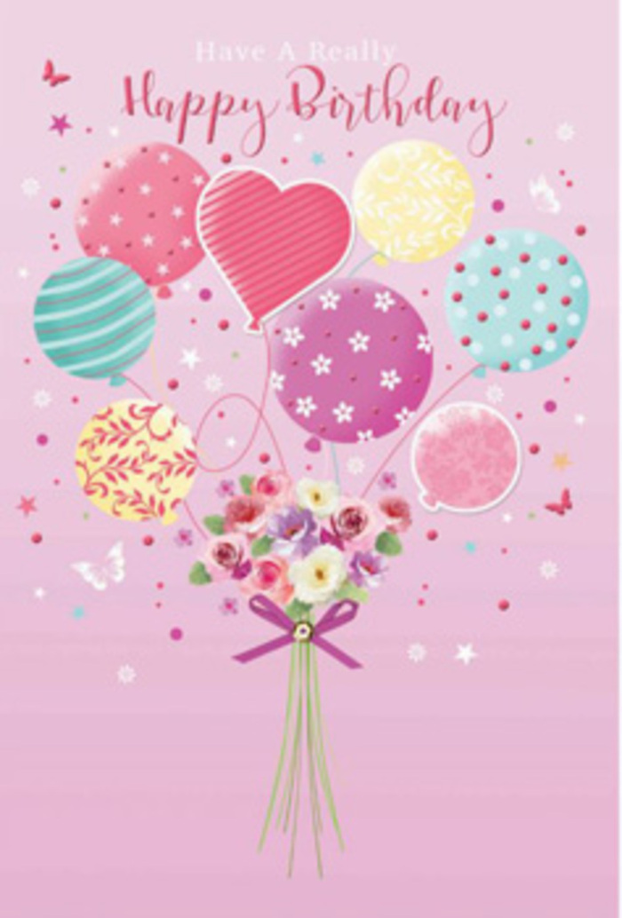 There is a sense of quiet, joyful celebration woven through this floral birthday artwork, much like the relaxed community spirit that runs through Cheam. The background is a serene, soft pink wash, against which a collection of pastel balloons seems to rise, capturing the feeling of a sunny afternoon above Nonsuch Park. Each balloon carries its own character: some glow with pale sunshine yellow, others blush with rose and fuchsia tones, while gentle lavender hues and seafoam greens add cool, calming notes. Decorative patterns-twirling stripes, delicate polka dots, and tiny star-like shapes-dance across their surfaces, giving them an almost musical movement. At the base of this floating scene sits a dainty, hand-tied bouquet that looks as if it has just been arranged on a florist's bench. Petite roses and daisy-like blooms in cream, blush pink, and soft rose shades are gathered closely together, their petals velvety and softly layered, as if caressed by morning light streaming through a shop window. The stems are wrapped with a fine purple satin bow, which gleams gently and adds a refined, celebratory touch. Around the arrangement, whimsical butterflies and scattered star details appear to hover, suggesting a daydream-like garden party held just off a quiet Cheam side street. The imagined fragrance is delicate and inviting, a blend of sweetness and freshness that complements the gentle pastel palette. Each element-from the careful shading on the petals to the harmonious placement of the balloons-reflects an experienced eye for balance and beauty, creating a birthday greeting that feels both intimate and uplifting.