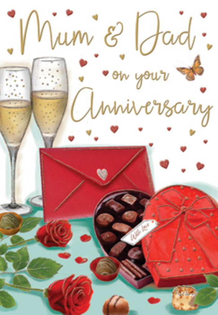 This detailed anniversary card illustration offers a romantic tableau that feels intimately familiar, like the quiet celebrations shared in homes around Cheam's leafy streets. Central to the composition are two tall champagne flutes, drawn with fine, clear lines and filled with softly gleaming golden fizz. Tiny bubbles climb through each glass, catching the light and lending a sense of movement, as if the toast to another year together is just about to happen. In front of the flutes sits a heart-shaped box of chocolates, rendered in a luxurious shade of red with a polished finish that reflects the warm glow around it. The lid leans open, revealing an orderly selection of chocolates arranged in snug compartments, their smooth tops suggesting different flavours and textures. A bold red ribbon is tied around the box, the bow large and sculpted, with ribbons trailing gracefully across the surface, casting delicate shadows. Leaning against this scene, two fully opened red roses lie on their sides, their petals extraordinarily plush and layered, reminiscent of the finest florist-grade stems prepared for anniversary bouquets in Cheam. Their deep crimson hue is heightened by surrounding greenery, the leaves smooth and slightly glossy, adding depth and natural contrast. Scattered across the background are small hearts coloured in metallic gold and rich crimson, dancing around a hand-lettered message lovingly addressed to Mum & Dad, the text curving and looping with gentle, affectionate energy. A bright red envelope rests at the base, sealed and slightly angled, promising a heartfelt note within. Altogether, the scene glows with a soft, ambient light, suggesting evening warmth and the quiet contentment that comes from years of shared memories and enduring devotion.