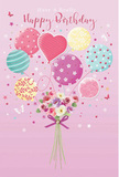 This birthday card illustration captures a whimsical celebration that could easily belong to a cosy gathering in Cheam. A soft, rosy-pink background sets a tender tone, like the sky just before sunset over the village rooftops. Rising from the lower edge, a cluster of pastel balloons floats upward with graceful energy, as though caught in a light breeze drifting along the High Street. Every balloon displays its own playful design: some swirl with candy-coloured stripes, others are dotted with sprightly polka dots, and one heart-shaped balloon glows at the centre, symbolising affection and warm birthday wishes. Their colours shift gently from blush pink and ivory to seafoam green, lemon yellow, and lavender, blending into a soothing, festive palette. At the base of the balloons, a bouquet of delicate flowers is gathered, their stems drawn together in a neat, hand-tied bundle. Roses and anemone-like blooms in creamy white, pale blush, and gentle mauve nestle closely, creating a lush, textured cluster. Their petals appear soft and slightly ruffled, as if they might brush delicately against your fingertips. A violet satin bow wraps around the stems, its sheen catching the light and lending a hint of sophistication. Imagined fragrance rises from the bouquet-subtle, floral, and fresh, reminiscent of stepping into a local florist before a special birthday outing. Tiny star motifs and fluttering butterflies scatter around the flowers and balloons, adding a touch of fairy-tale wonder. The overall mood is airy, sweet, and joyfully festive, a visual expression of a birthday meant to feel heartfelt and unforgettable in Cheam.