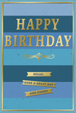 An elegant birthday card, poised as if ready to accompany a same-day flower delivery in Cheam, showcases a soothing palette of layered blues accented by touches of glowing gold. The background is composed of broad horizontal stripes, each stripe a slightly different shade of blue, progressing from dark navy at the base to gentle mid-blues, teal, and finally a soft sky blue across the top edge. This gradient creates a restful, horizon-like effect, reminiscent of looking out over open skies above Cheam on a clear day. Centered on this tonal backdrop, the greeting HAPPY BIRTHDAY is embossed in large, confident gold capitals, the metallic surface catching and reflecting light in a subtle shimmer. Directly beneath this main message, a delicate golden flourish unfurls in sweeping curves, adding a refined, almost classical touch. Below, three slender gold banners are neatly stacked, each banner bright yet tasteful, carrying the same friendly instruction: Relax, have a great day and enjoy! A fine gold line frames the entire design, encasing the blue stripes and golden elements in a tidy, balanced border. The card stock appears smooth and slightly velvety, while the raised gold lettering and embellishments lend a gentle texture you can imagine under your fingertips. Captured in soft, even lighting, the card exudes a calm, celebratory mood-perfect for setting beside a fresh bouquet in a Cheam sitting room and offering quiet, heartfelt birthday wishes filled with warmth, ease, and a touch of luxury.