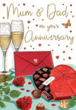 This romantic anniversary card design portrays an indulgent yet tender scene that echoes the kind of intimate celebrations couples enjoy around Cheam. At the top, two slender champagne flutes stand closely together, their stems long and graceful, with bowls filled to a perfect level with pale, sparkling champagne. The bubbles inside are captured mid-rise, lending a sense of anticipation, as though the card has frozen the second before glasses gently touch. Below the flutes, a heart-shaped box of chocolates in a rich, vibrant red sits open, revealing a neatly arranged selection of chocolates, each one plump and glossy, almost inviting a fingertip to trace their rounded edges. A wide crimson ribbon wraps the box, tied into a lush bow that spreads in loops and trailing ends, its satin sheen giving the whole scene a luxurious finish. Resting alongside are two sumptuous red roses, their petals deeply layered and velvety, like the finest blooms chosen for a bespoke anniversary bouquet from a trusted Cheam florist. The roses are framed by smooth green leaves that add freshness and a touch of garden elegance to the composition. All around, tiny red and gold hearts drift lightly across the background, encircling a softly flowing, hand-lettered greeting for Mum & Dad, the script warm and personal, suggesting years of shared history and affection. A bright, scarlet envelope lies sealed at the bottom, hinting at a handwritten message filled with love. The entire image is bathed in a warm, gentle glow, reminiscent of candlelight on a special evening, capturing the sweetness, gratitude, and quiet joy of an anniversary celebrated at home in Cheam.